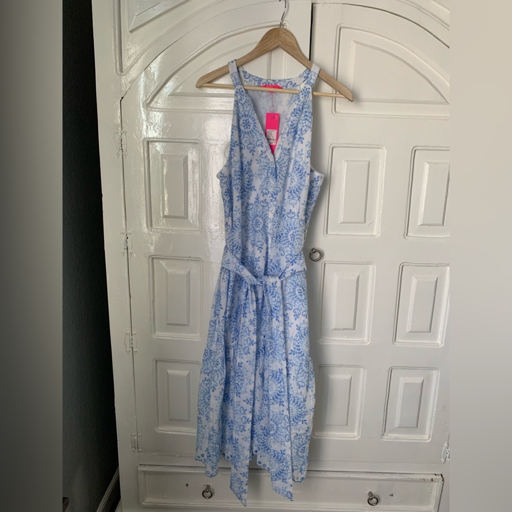 Lilly Blue and White Embroidered Floral Belted Dress NWT